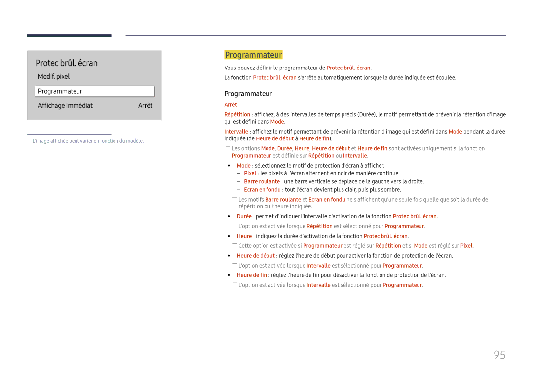 Samsung LH65QHHPLGC/EN, LH65QBHPLGC/EN manual Protec brûl. écran, Modif. pixel Programmateur Affichage immédiat, Arrêt 
