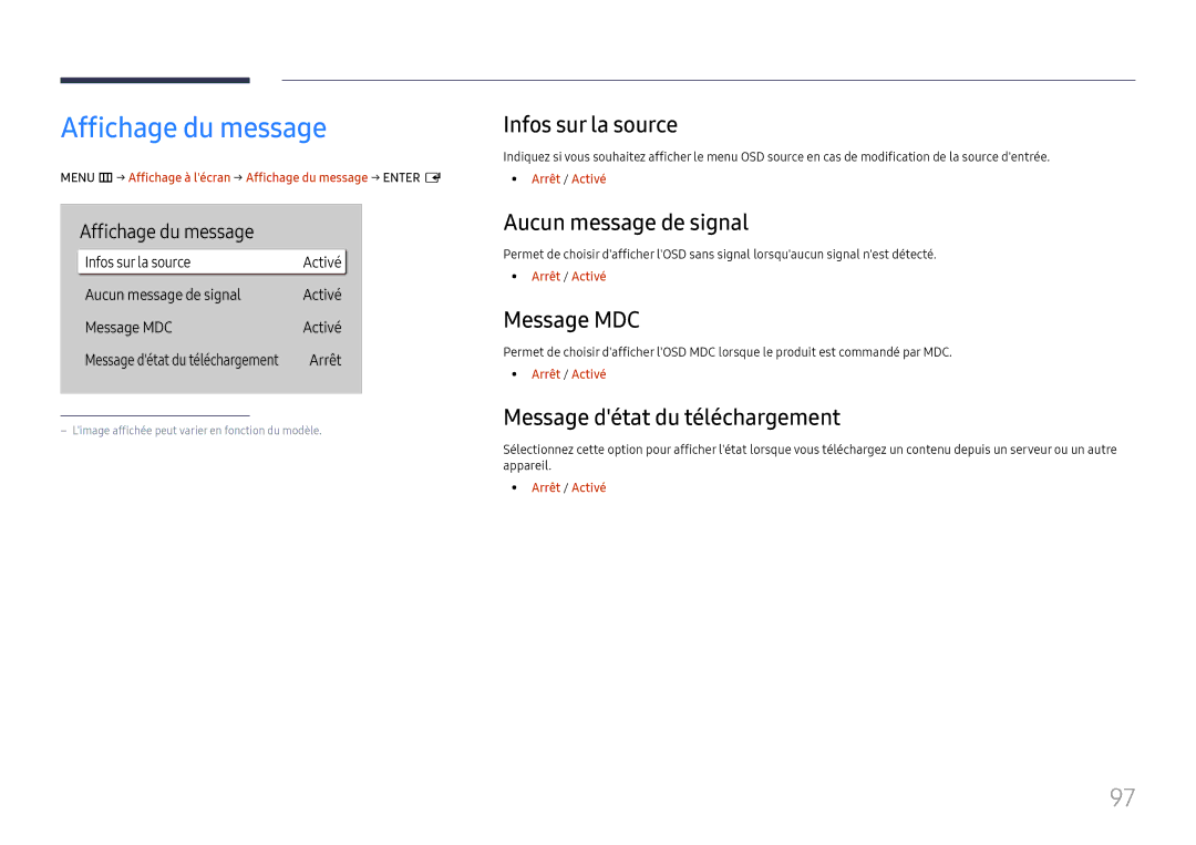 Samsung LH55QHHPLGC/EN, LH65QBHPLGC/EN Affichage du message, Infos sur la source, Aucun message de signal, Message MDC 