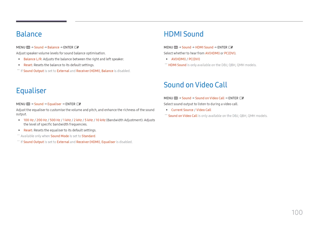 Samsung LH55QMHPLGC/CH, LH65QBHPLGC/EN, LH75QBHPLGC/EN manual Balance, Hdmi Sound, Equaliser, Sound on Video Call, 100 