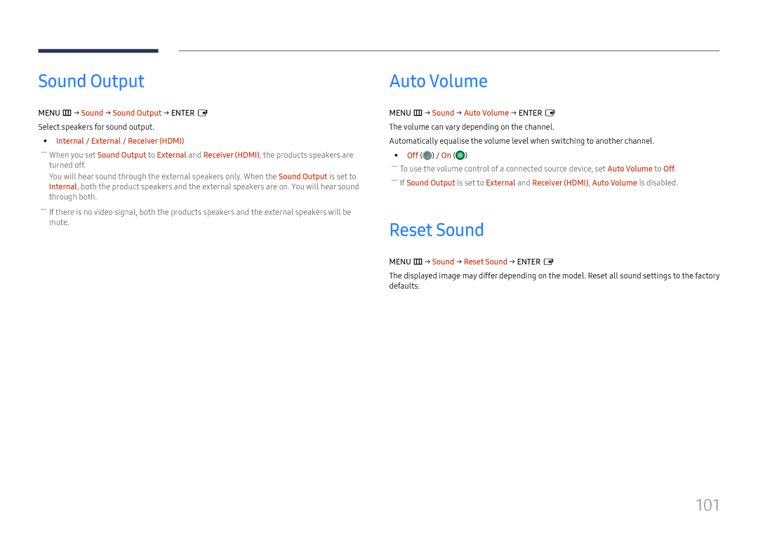 Samsung LH49DBJPLGC/CH, LH65QBHPLGC/EN, LH75QBHPLGC/EN, LH49DBJPLGC/EN manual Sound Output, Auto Volume, Reset Sound, 101 