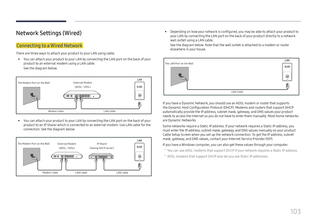 Samsung LH65QBHPLGC/CH, LH65QBHPLGC/EN, LH75QBHPLGC/EN manual 103, Network Settings Wired, Connecting to a Wired Network 