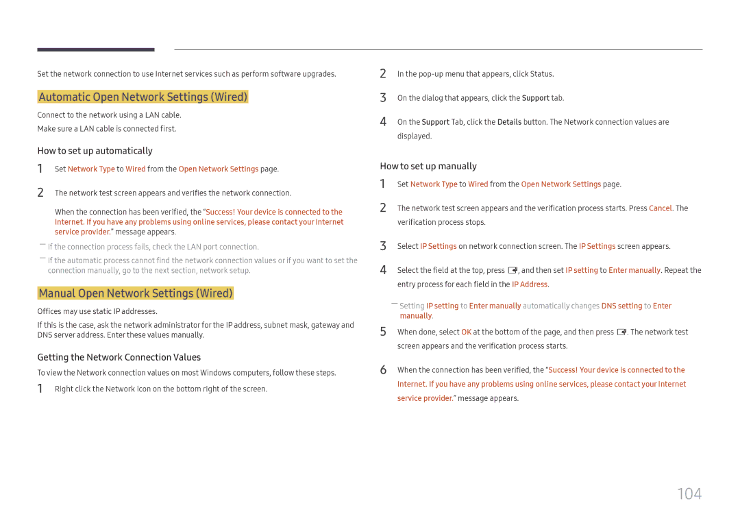 Samsung LH65QBHPLGC/EN manual 104, Automatic Open Network Settings Wired, Manual Open Network Settings Wired, Manually 