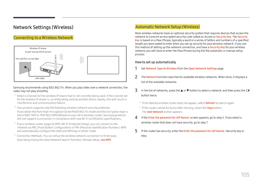 Samsung LH75QBHPLGC/EN 105, Network Settings Wireless, Connecting to a Wireless Network, Automatic Network Setup Wireless 