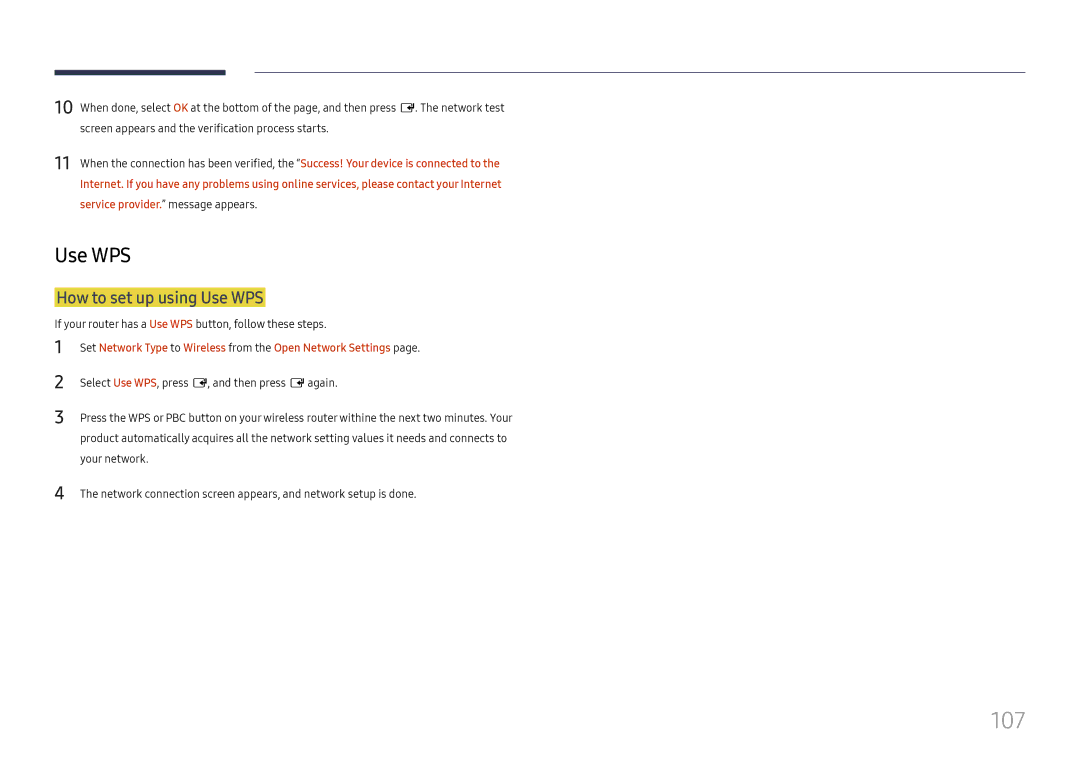 Samsung LH43DBJPLGC/EN manual 107, How to set up using Use WPS, If your router has a Use WPS button, follow these steps 