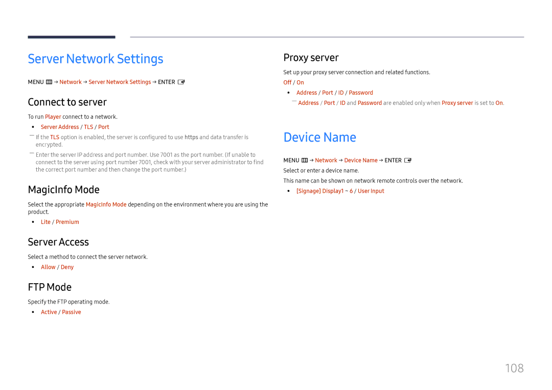 Samsung LH65QMHPLGC/EN, LH65QBHPLGC/EN, LH75QBHPLGC/EN, LH49DBJPLGC/EN manual Server Network Settings, Device Name, 108 