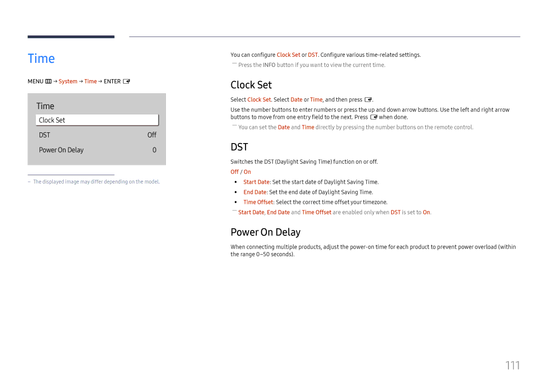 Samsung LH55QHHPLGC/EN, LH65QBHPLGC/EN, LH75QBHPLGC/EN, LH49DBJPLGC/EN, LH43DBJPLGC/EN Time, 111, Clock Set, Power On Delay 