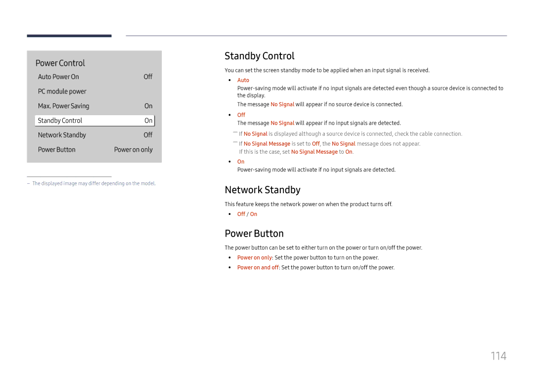 Samsung LH43DBJPLGC/UE, LH65QBHPLGC/EN, LH75QBHPLGC/EN manual 114, Standby Control, Network Standby, Power Button, Auto 