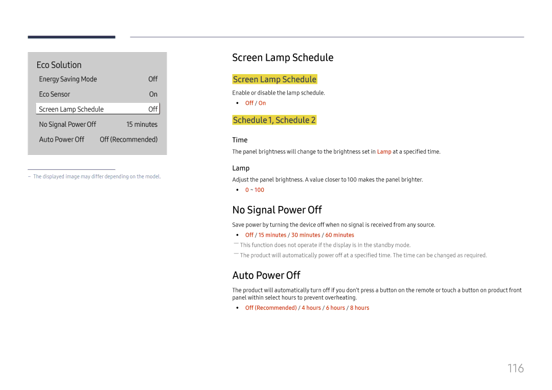 Samsung LH75QBHPLGC/UE, LH65QBHPLGC/EN, LH75QBHPLGC/EN manual 116, Screen Lamp Schedule, No Signal Power Off, Auto Power Off 