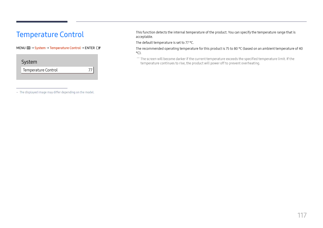 Samsung LH65QMHPLGC/UE, LH65QBHPLGC/EN, LH75QBHPLGC/EN manual 117, Menu m → System → Temperature Control → Enter E 