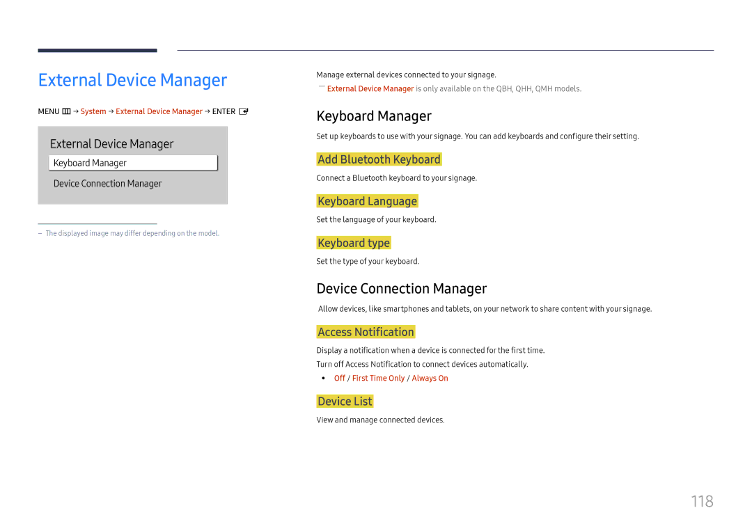 Samsung LH65QMHPLGC/XV, LH65QBHPLGC/EN manual External Device Manager, 118, Keyboard Manager, Device Connection Manager 