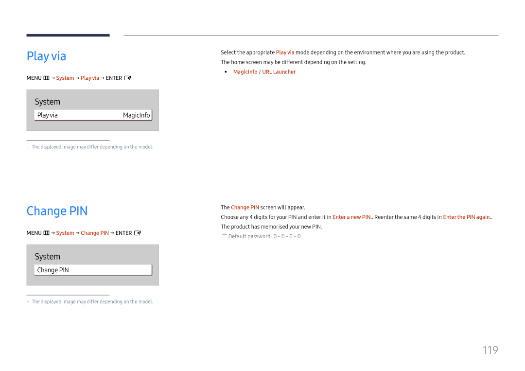 Samsung LH55QHHPLGC/XV, LH65QBHPLGC/EN, LH75QBHPLGC/EN, LH49DBJPLGC/EN, LH43DBJPLGC/EN manual Play via, Change PIN, 119 