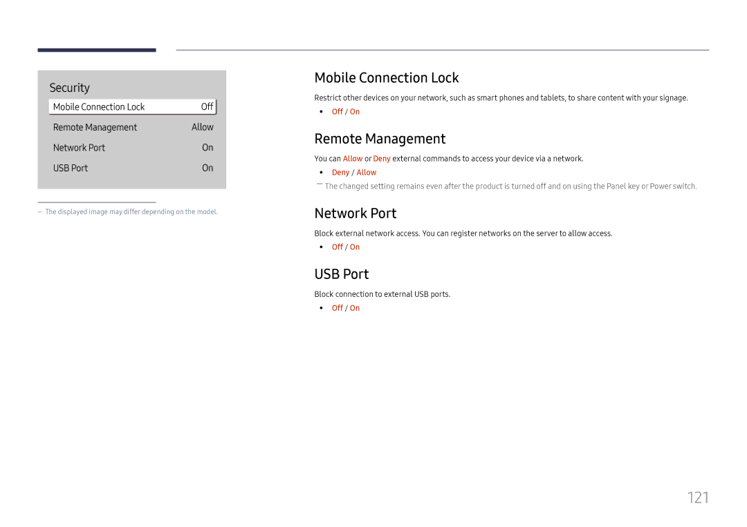 Samsung LH43DBJPLGC/XV, LH65QBHPLGC/EN manual 121, Mobile Connection Lock, Remote Management, Network Port, USB Port 