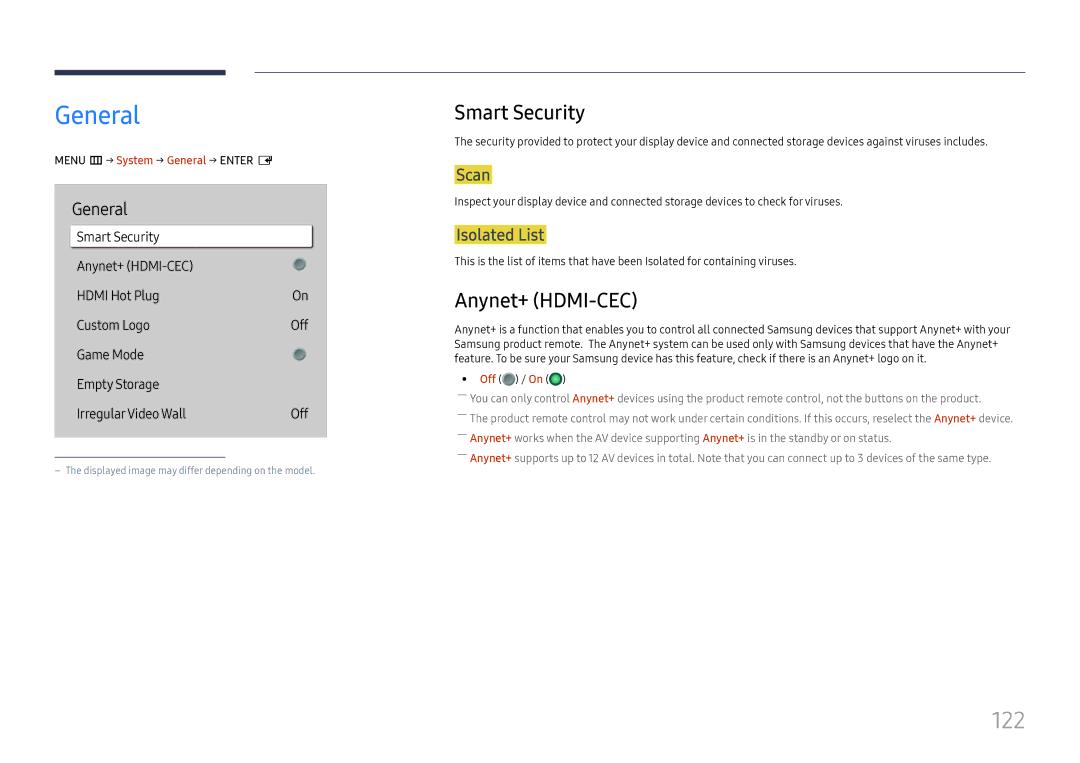 Samsung LH49DBJPLGC/XV, LH65QBHPLGC/EN, LH75QBHPLGC/EN, LH49DBJPLGC/EN manual General, 122, Smart Security, Anynet+ HDMI-CEC 