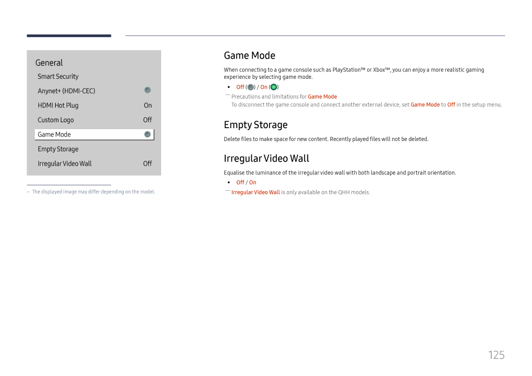 Samsung LH43DBJPLGC/CH, LH65QBHPLGC/EN, LH75QBHPLGC/EN, LH49DBJPLGC/EN 125, Game Mode, Empty Storage, Irregular Video Wall 