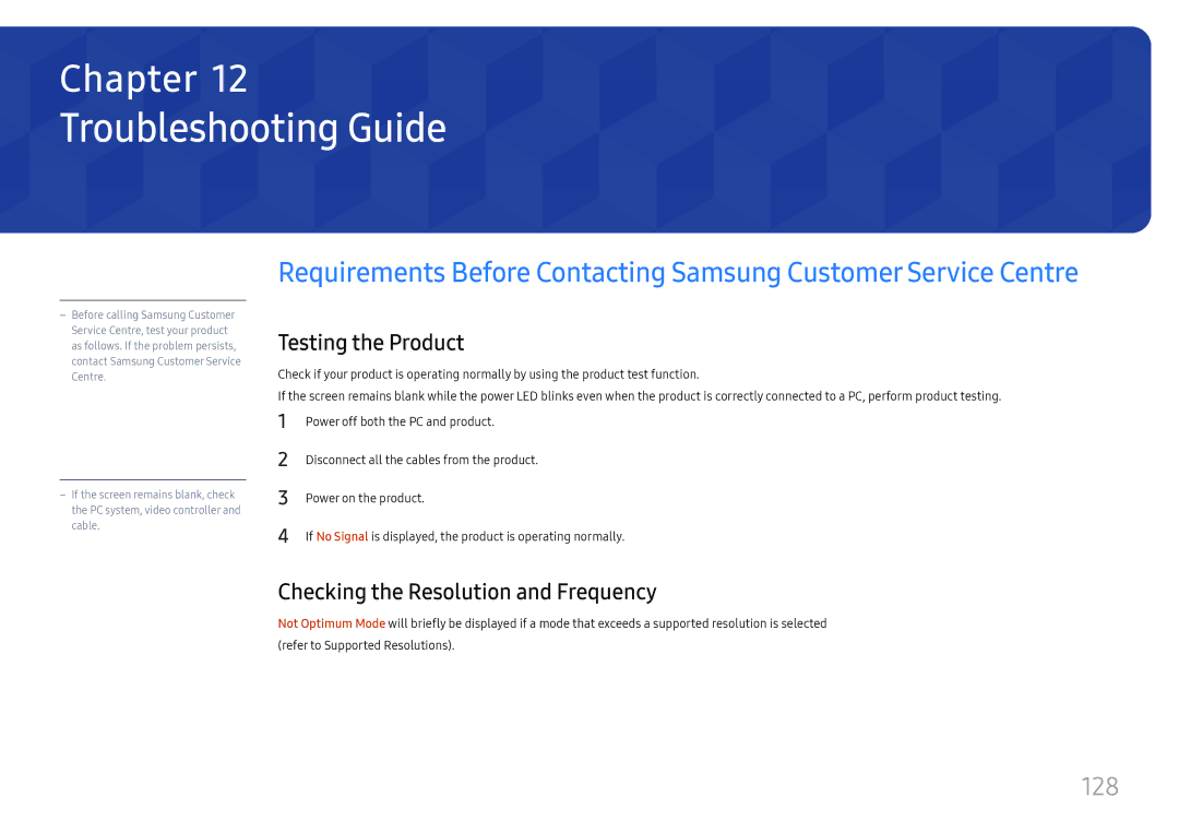 Samsung LH49QMHPLGC/CH manual Troubleshooting Guide, 128, Testing the Product, Checking the Resolution and Frequency 