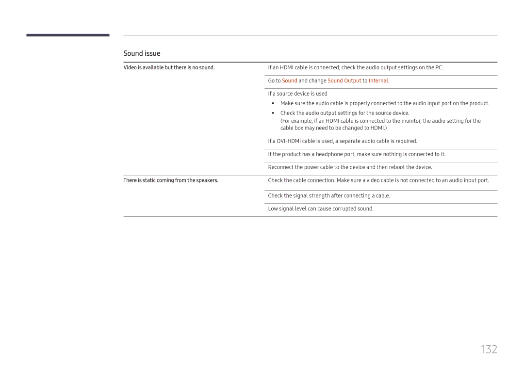 Samsung LH49DBJPLGC/EN 132, Video is available but there is no sound, Go to Sound and change Sound Output to Internal 