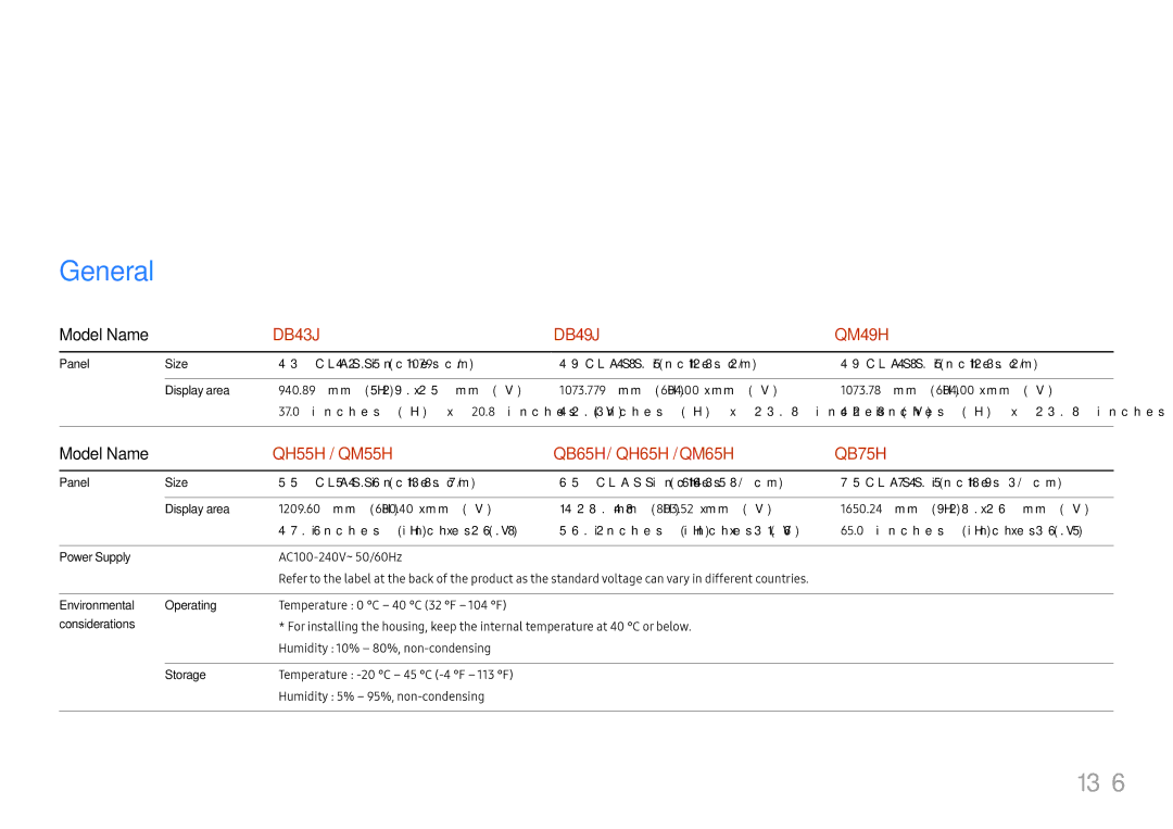 Samsung LH55QMHPLGC/EN, LH65QBHPLGC/EN, LH75QBHPLGC/EN, LH49DBJPLGC/EN, LH43DBJPLGC/EN, LH65QMHPLGC/EN Specifications, 136 