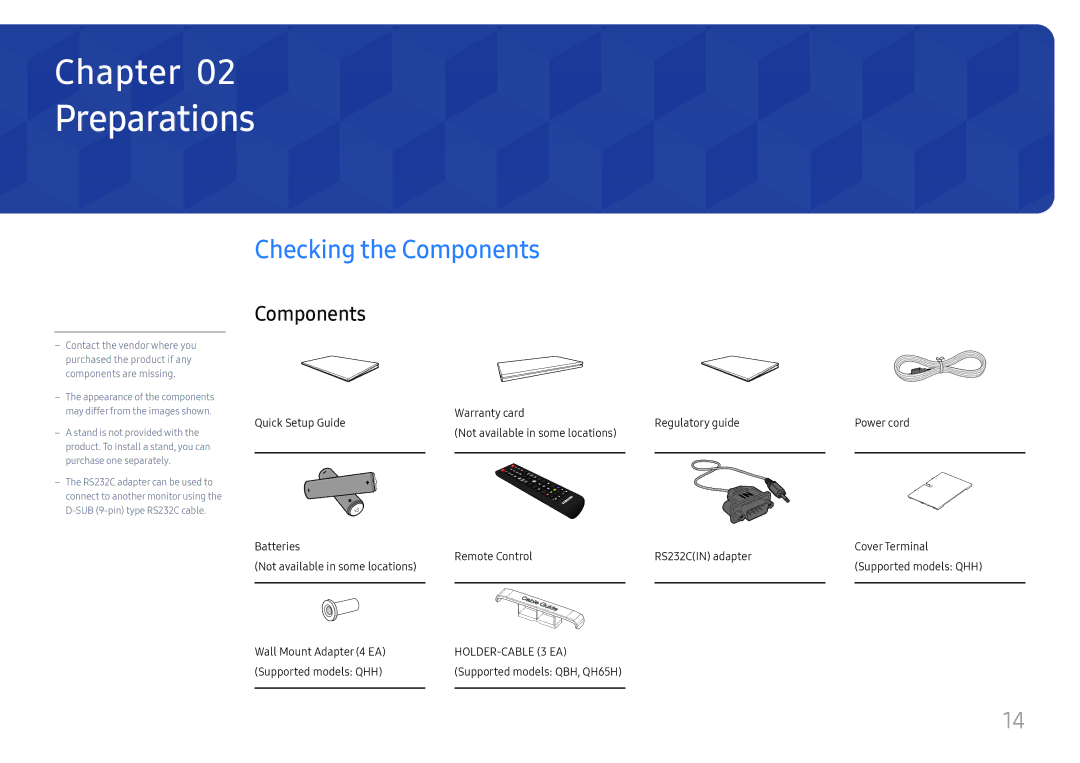 Samsung LH65QMHPLGC/XV, LH65QBHPLGC/EN, LH75QBHPLGC/EN, LH49DBJPLGC/EN, LH43DBJPLGC/EN Preparations, Checking the Components 