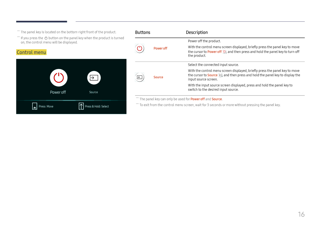 Samsung LH65QBHPLGC/XV, LH65QBHPLGC/EN, LH75QBHPLGC/EN manual Control menu, Buttons Description, Power off the product 