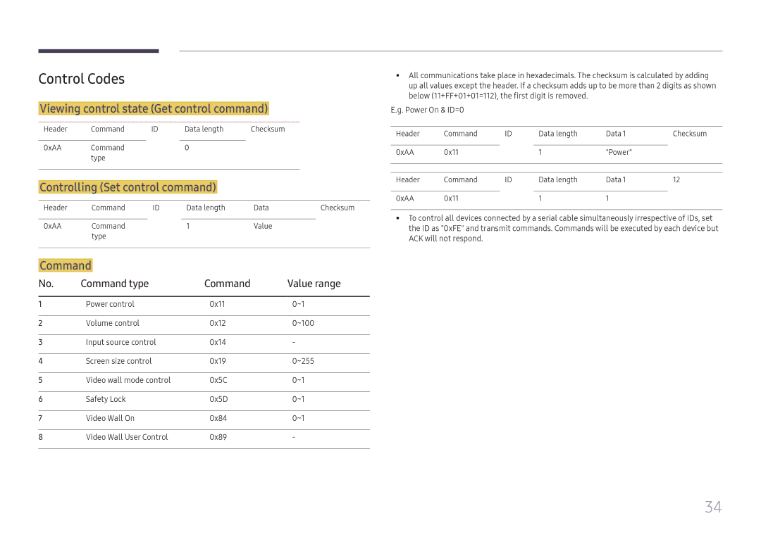 Samsung LH49QMHPLGC/EN Control Codes, Viewing control state Get control command, Controlling Set control command, Command 