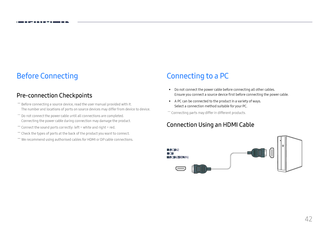 Samsung LH65QBHPLGC/XV, LH65QBHPLGC/EN manual Connecting and Using a Source Device, Before Connecting, Connecting to a PC 