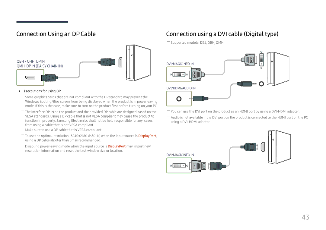 Samsung LH43DBJPLGC/XV Connection Using an DP Cable, Connection using a DVI cable Digital type, Precautions for using DP 