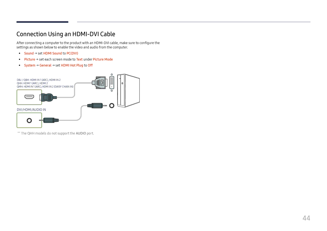 Samsung LH49DBJPLGC/XV, LH65QBHPLGC/EN, LH75QBHPLGC/EN Connection Using an HDMI-DVI Cable, Sound → set Hdmi Sound to Pcdvi 