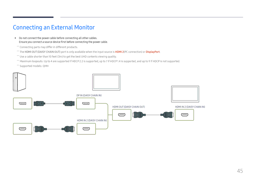 Samsung LH65QMHPLGC/CH, LH65QBHPLGC/EN, LH75QBHPLGC/EN, LH49DBJPLGC/EN, LH43DBJPLGC/EN manual Connecting an External Monitor 