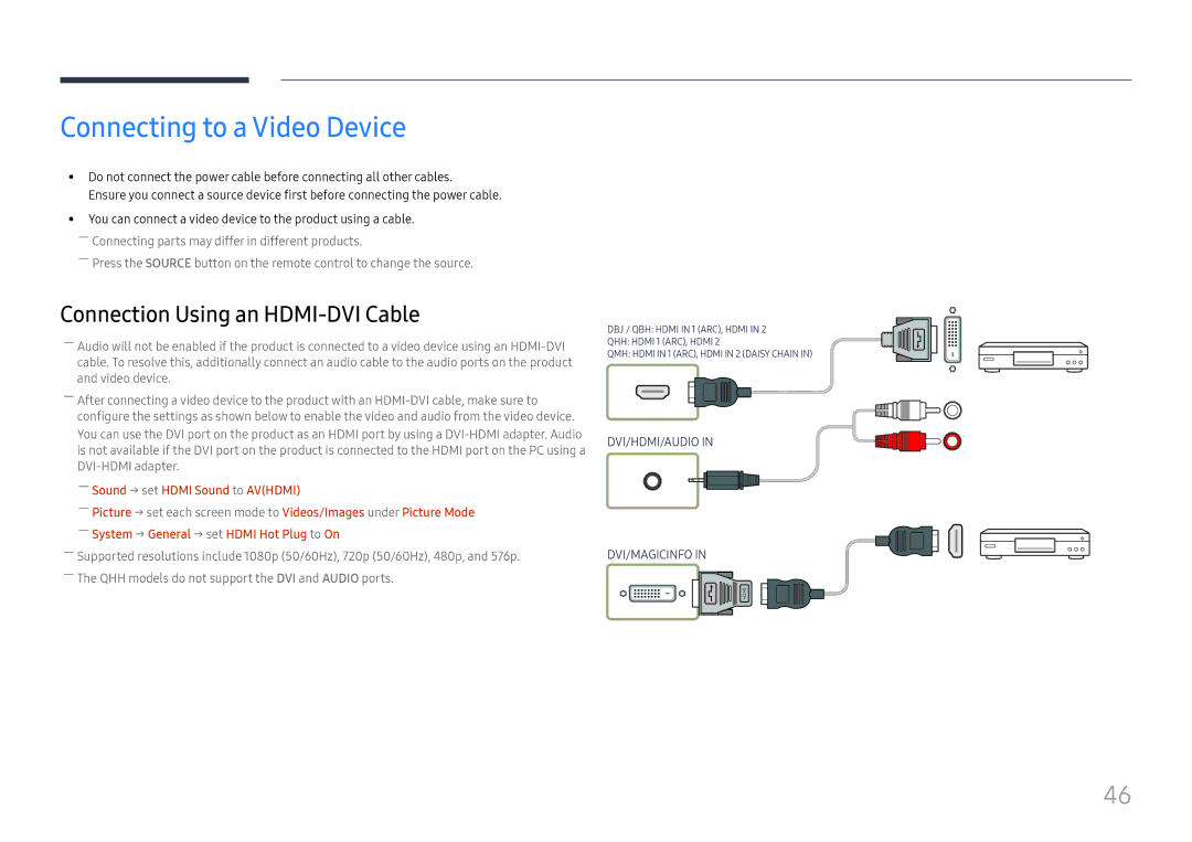 Samsung LH75QBHPLGC/CH, LH65QBHPLGC/EN, LH75QBHPLGC/EN Connecting to a Video Device, ――Sound → set Hdmi Sound to Avhdmi 