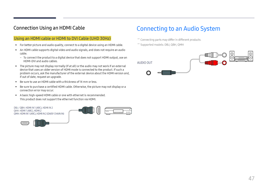 Samsung LH43DBJPLGC/CH, LH65QBHPLGC/EN Connecting to an Audio System, Using an Hdmi cable or Hdmi to DVI Cable UHD 30Hz 