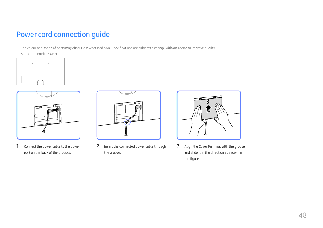 Samsung LH55QMHPLGC/CH, LH65QBHPLGC/EN, LH75QBHPLGC/EN, LH49DBJPLGC/EN, LH43DBJPLGC/EN manual Power cord connection guide 