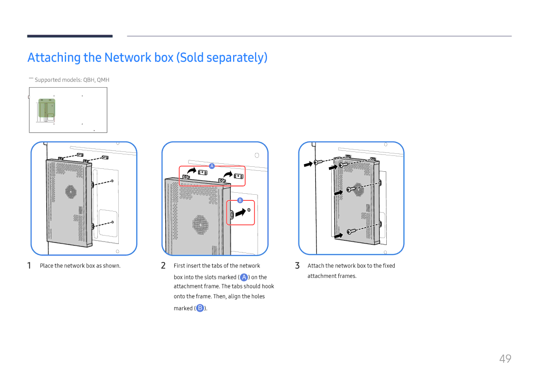 Samsung LH49DBJPLGC/CH, LH65QBHPLGC/EN manual Attaching the Network box Sold separately, ――Supported models QBH, QMH 