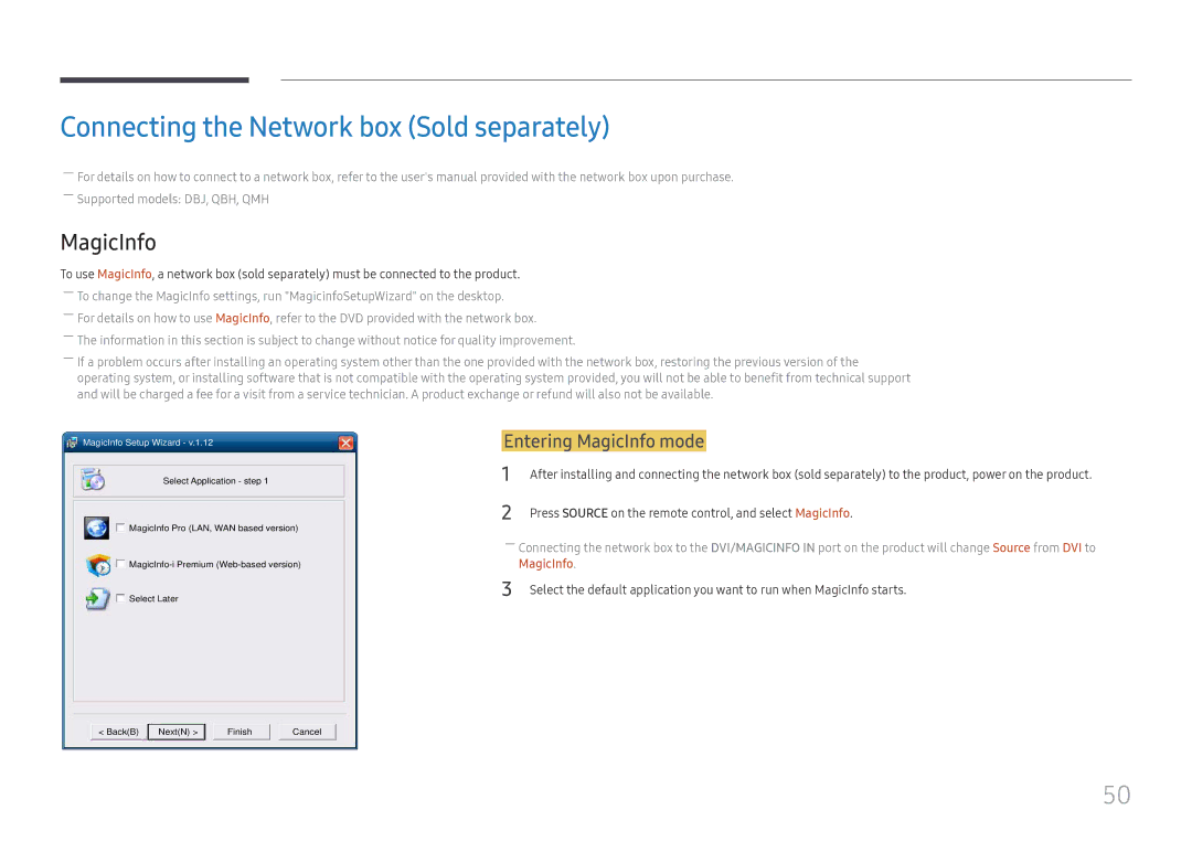 Samsung LH49QMHPLGC/CH, LH65QBHPLGC/EN manual Connecting the Network box Sold separately, Entering MagicInfo mode 