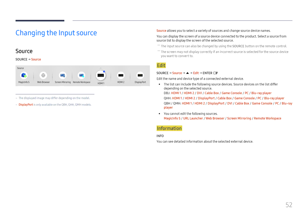 Samsung LH65QBHPLGC/EN, LH75QBHPLGC/EN, LH49DBJPLGC/EN, LH43DBJPLGC/EN Changing the Input source, Source, Edit, Information 