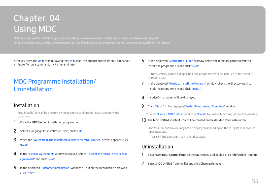 Samsung LH43DBJPLGC/EN, LH65QBHPLGC/EN, LH75QBHPLGC/EN, LH49DBJPLGC/EN Using MDC, MDC Programme Installation Uninstallation 