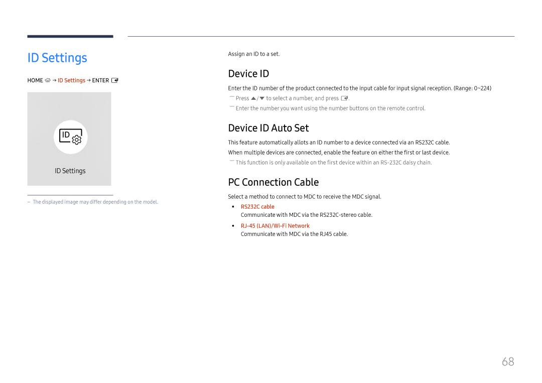 Samsung LH65QBHPLGC/XV, LH65QBHPLGC/EN, LH75QBHPLGC/EN manual ID Settings, Device ID Auto Set, PC Connection Cable 