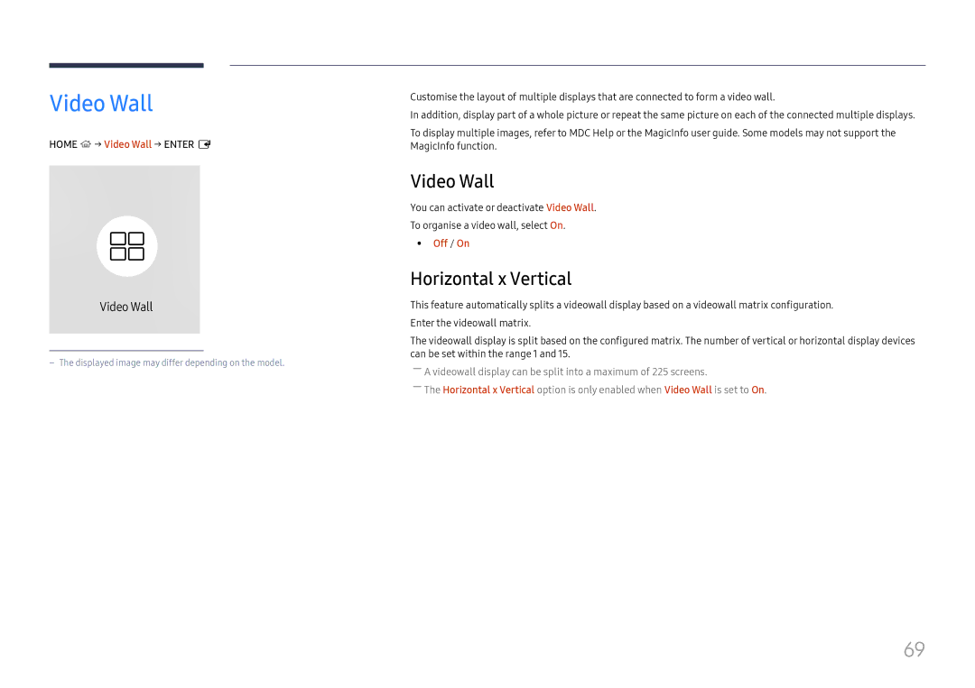 Samsung LH43DBJPLGC/XV, LH65QBHPLGC/EN, LH75QBHPLGC/EN, LH49DBJPLGC/EN manual Video Wall, Horizontal x Vertical, Off / On 