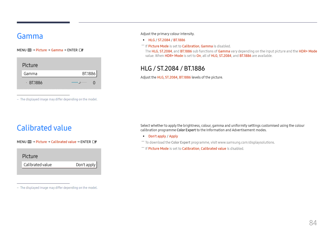 Samsung LH55QMHPLGC/EN, LH65QBHPLGC/EN manual Calibrated value, HLG / ST.2084 / BT.1886, GammaBT.1886 · BT.1886 