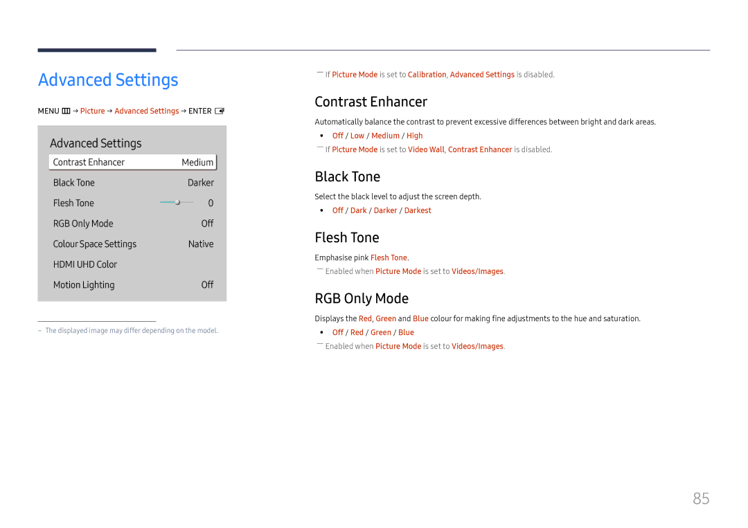 Samsung LH55QHHPLGC/EN, LH65QBHPLGC/EN manual Advanced Settings, Contrast Enhancer, Black Tone, Flesh Tone, RGB Only Mode 