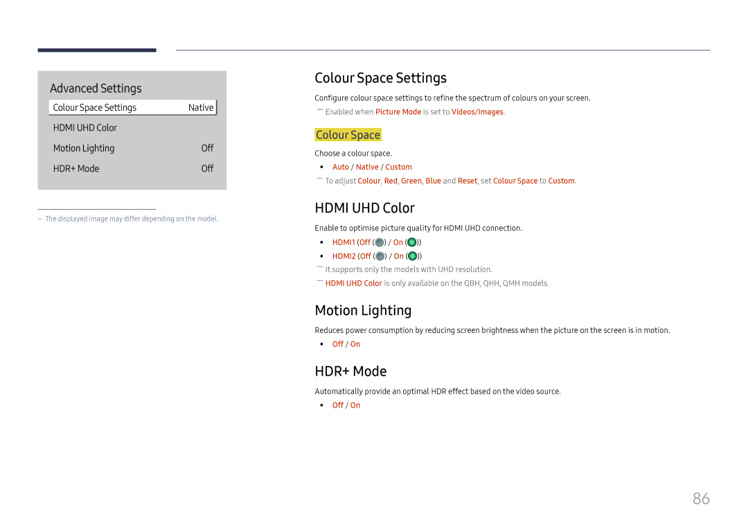 Samsung LH49QMHPLGC/EN, LH65QBHPLGC/EN, LH75QBHPLGC/EN Colour Space Settings, Hdmi UHD Color, Motion Lighting, HDR+ Mode 