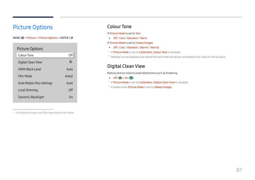 Samsung LH55QMHPLGC/NG manual Picture Options, Colour Tone, Digital Clean View, Auto Motion Plus Settings Local Dimming Off 