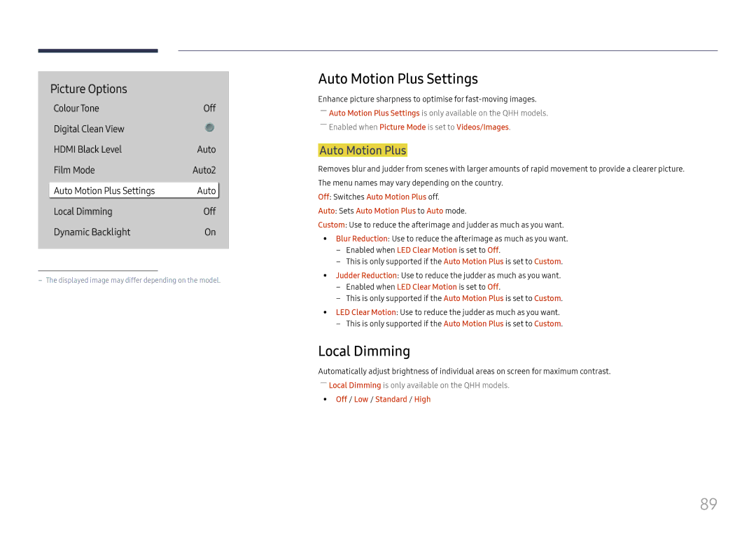 Samsung LH49QMHPLGC/UE, LH65QBHPLGC/EN manual Auto Motion Plus Settings, Local Dimming, Off / Low / Standard / High 