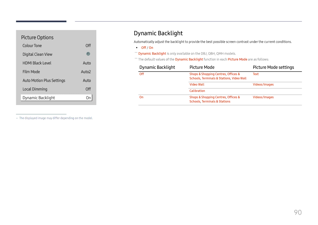 Samsung LH75QBHPLGC/UE, LH65QBHPLGC/EN, LH75QBHPLGC/EN manual Dynamic Backlight Picture Mode Picture Mode settings 