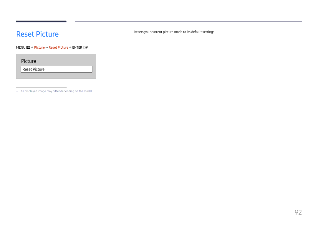 Samsung LH65QMHPLGC/XV, LH65QBHPLGC/EN manual Reset Picture, Resets your current picture mode to its default settings 