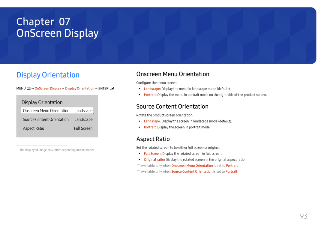 Samsung LH55QHHPLGC/XV manual OnScreen Display, Display Orientation, Onscreen Menu Orientation, Source Content Orientation 