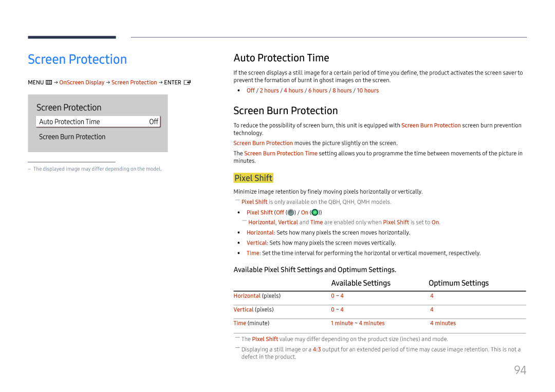 Samsung LH65QBHPLGC/XV, LH65QBHPLGC/EN manual Screen Protection, Auto Protection Time, Screen Burn Protection, Pixel Shift 