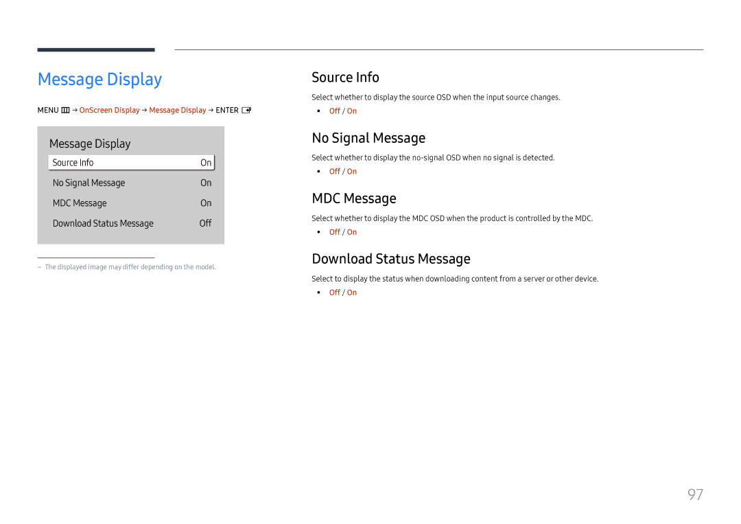 Samsung LH65QMHPLGC/CH manual Message Display, Source Info, No Signal Message, MDC Message, Download Status Message 