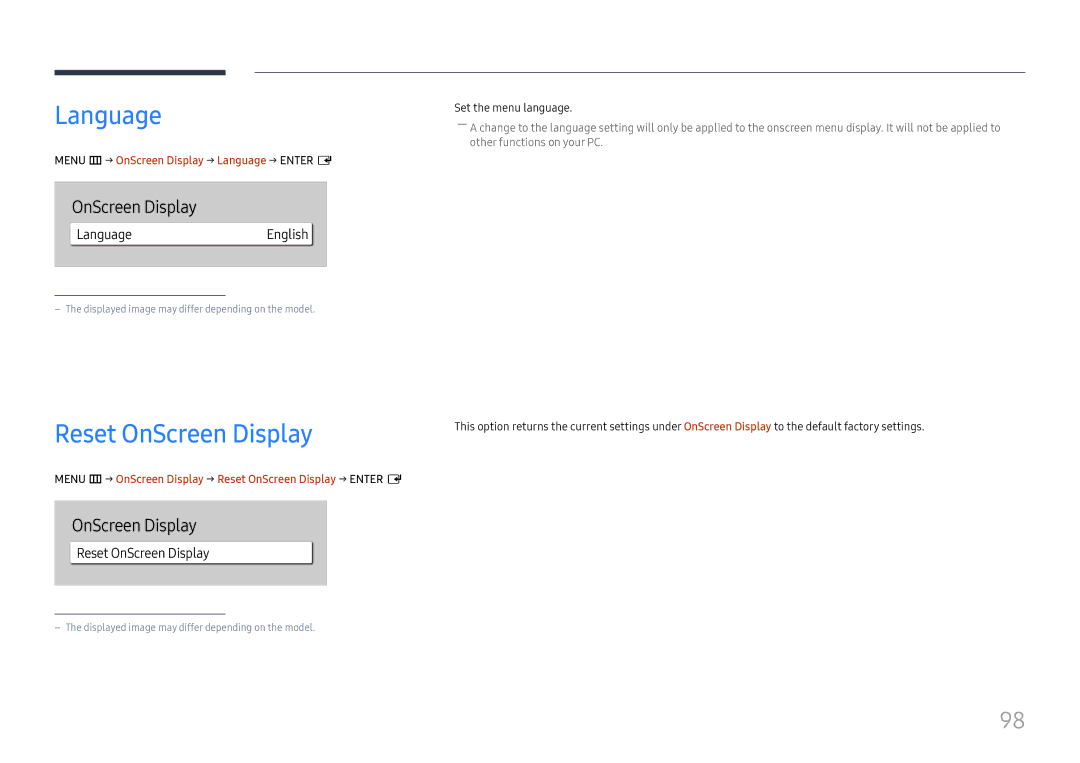 Samsung LH75QBHPLGC/CH, LH65QBHPLGC/EN, LH75QBHPLGC/EN, LH49DBJPLGC/EN manual Reset OnScreen Display, LanguageEnglish 