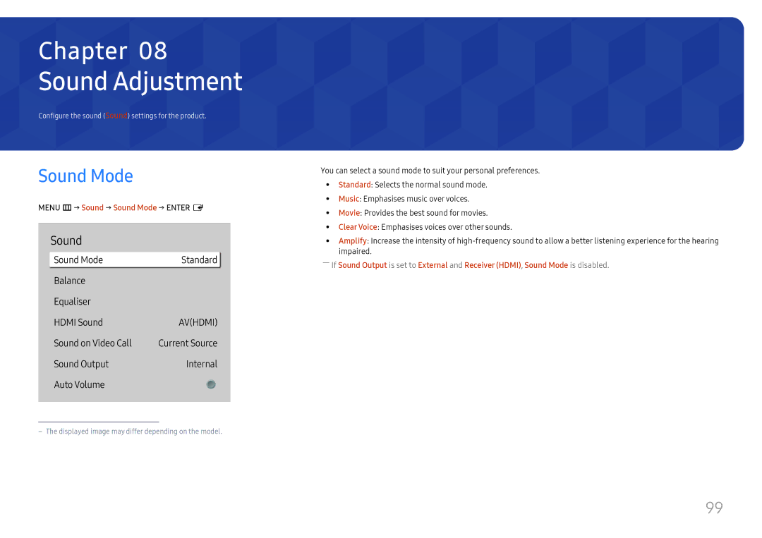 Samsung LH43DBJPLGC/CH, LH65QBHPLGC/EN, LH75QBHPLGC/EN, LH49DBJPLGC/EN, LH43DBJPLGC/EN manual Sound Adjustment, Sound Mode 