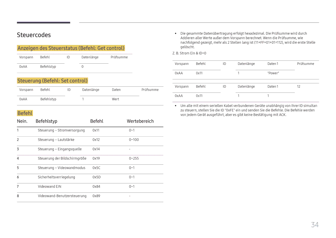 Samsung LH55QHHPLGC/EN manual Steuercodes, Anzeigen des Steuerstatus Befehl Get control, Steuerung Befehl Set control 